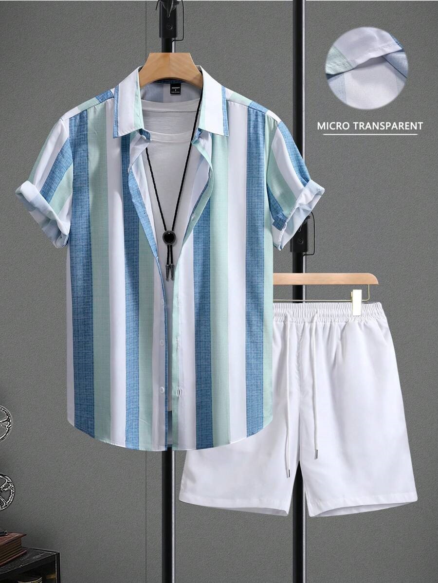 Sencillo contraste color rayas impresión 3D transfronterizo Xiyin venta caliente verano hawaiano vacaciones camisa pantalones cortos traje