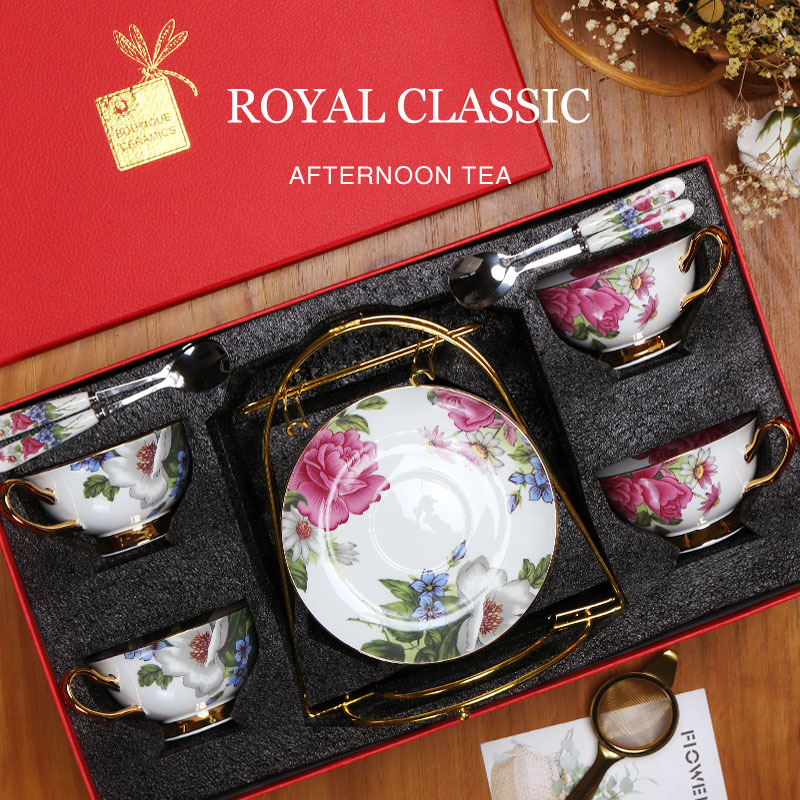 Taza de café china de hueso europeo y platillo traje de gama alta caja de regalo exquisito juego de té de la tarde regalo de novias