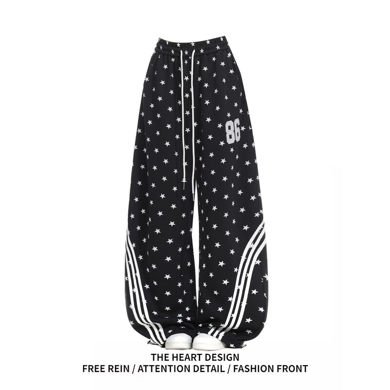 American Retro Style Star-Printed Striped Three-Stripe Sweatpants for Women, Loose Dance Sports Pants, Wide-Leg Casual Pants American Retro Style Star-Printed Striped Three-Stripe Sweatpants for Women, Loose Dance Sports Pants, Wide-Leg Casual Pants