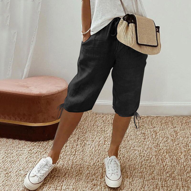 2025 European and American Cross-Border Amazon Independent Station Women's Cotton and Linen Pocket Elastic Drawstring Casual Pants Women's Pants Five-Point Pants