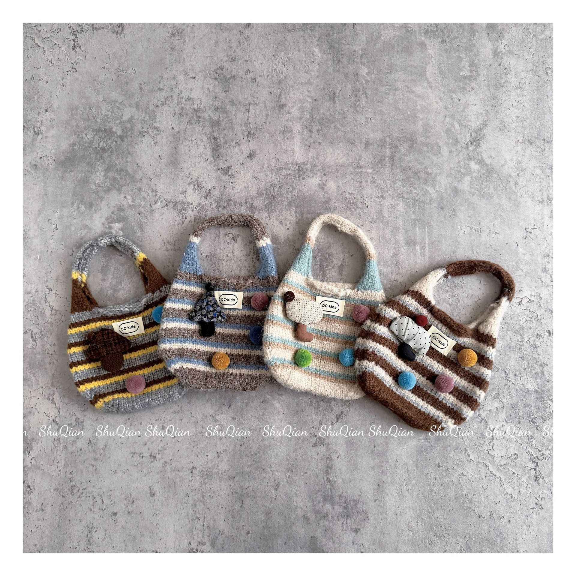 Cartoon Cute Striped Knitted Bag, New Autumn/Winter Versatile Handbag, Color-Block Yarn Bag, Decorative Bag for Girls