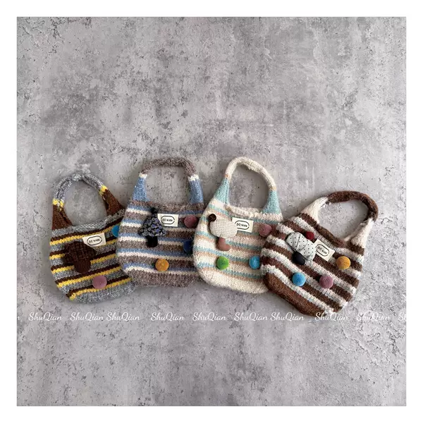 Cartoon Cute Striped Knitted Bag, New Autumn/Winter Versatile Handbag, Color-Block Yarn Bag, Decorative Bag for Girls