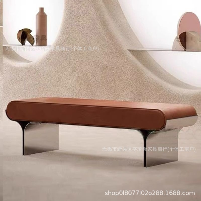Italian minimalist iron art bed end bench for bedroom, home use, long bench by the bed, light luxury style designer model room shoe changing bench