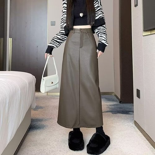 Women's Pu Skirt, Half-Body Skirt, Spring and Autumn High-Waisted Slimming Medium-Length Skirt with Back Slit, A-Line Mermaid Skirt