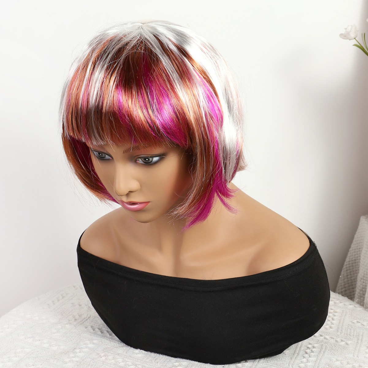 Transfronterizo nuevo color marrón plateado mezcla gradiente largo recto 12 pulgadas sin encaje pelo recto europeo y americano peluca brasileña