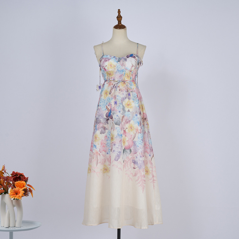 Summer New Floral Print Mid-Length Skirt Suspender Fishbone Waist Fairy Skirt Holiday Style Nail Diamond Lace-Up Dress