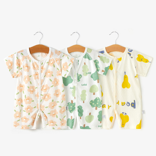 Baby Summer Clothing Clothes Pure Cotton Baby Bodysuit Short Sleeve 3-12 Months Girls' Hairy Boys' Crawling Suit Cute Thin