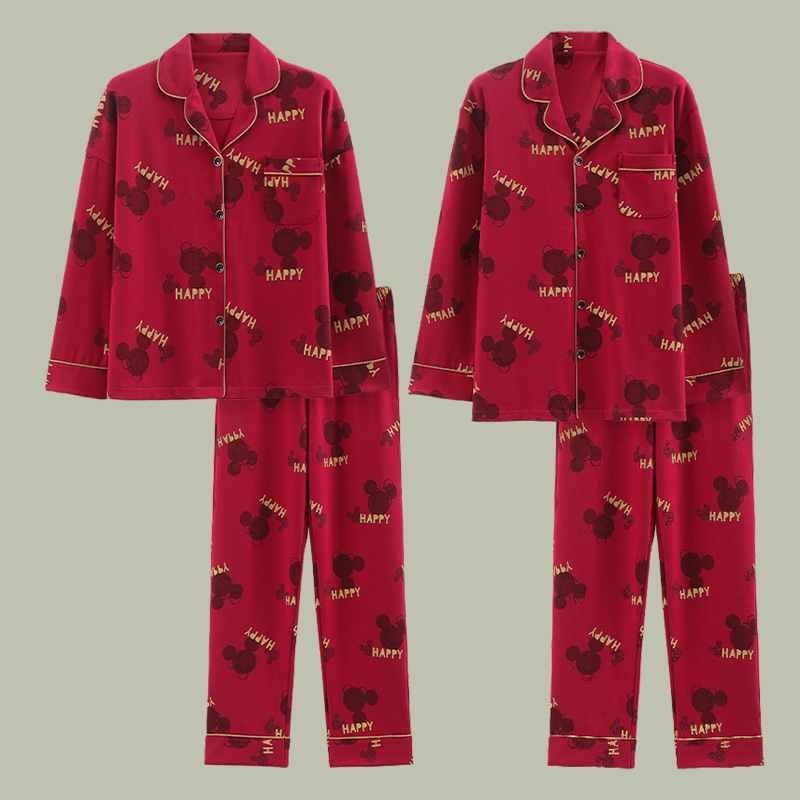 Algodón puro pareja rojo pijamas de las mujeres otoño cardigan solapa manga larga suelta casual homewear traje hombres
