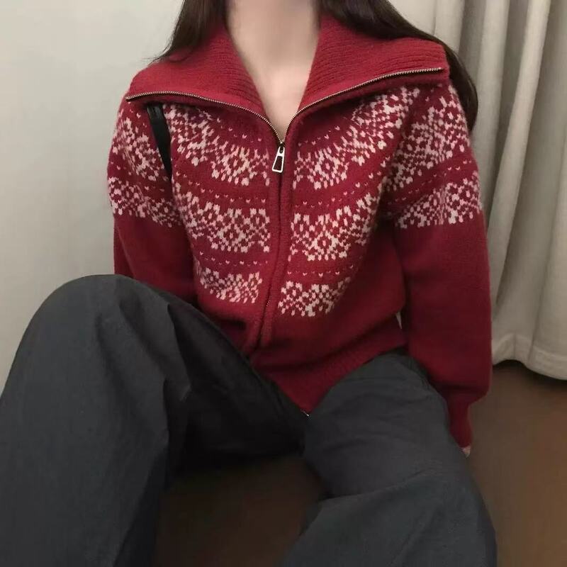 韓国東大門フェアアイルジャカードラペルニットカーディガンジャケットレトロレイジースタイルレッド新年セーター女性用|undefined