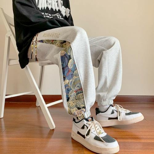 Men's Loose Sweatpants with Embroidery, Chinese Style Spring and Summer Fashion Casual Elastic Waist Bottoms