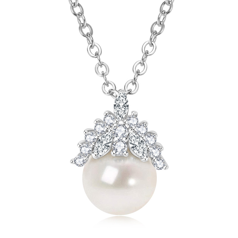 Exquisite S925 Sterling Silver Crown Pendant Necklace with Moissanite and Pearl - Fashion Jewelry Gift for Women