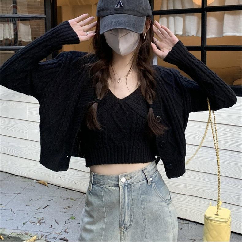 春秋温柔风软糯麻花V领毛衣外套甜美设计感小众短款两件套针织衫|undefined