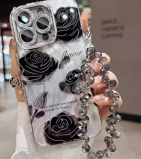 Hilo de plumas de alta calidad rosa negra para iPhone 16 cadena 15ProMax funda para teléfono móvil 12 Apple 14P mujer