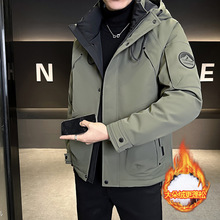 2025新款时尚防钻绒连帽休闲保暖羽绒服黑色灰绿色咖色绵纶透气