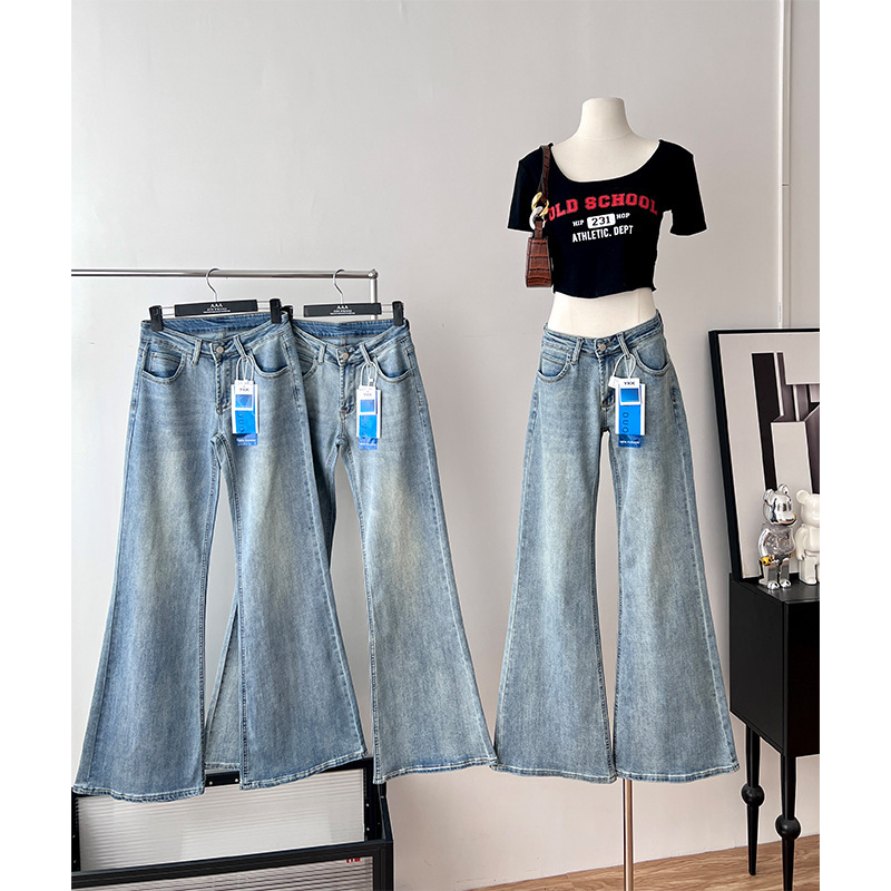 Low-Waisted Flared Jeans for Tall Women, New Spring and Autumn Light Blue Pants, Black Denim Flared Pants