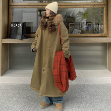 卡其色大毛领宽松加绒加厚工装派克服女冬季新款长款过膝棉衣外套