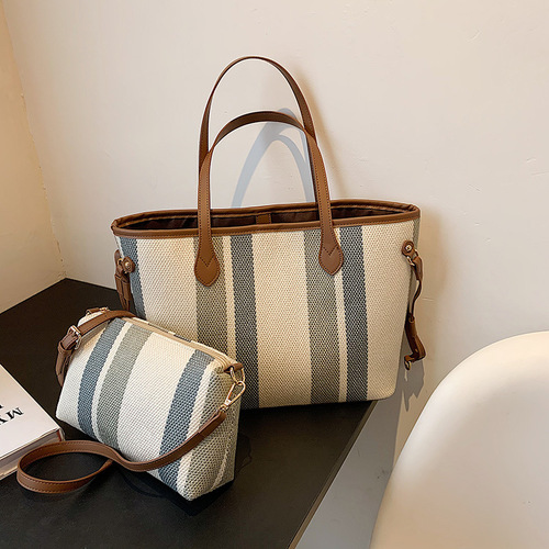 2024 Commuting Crossbody University Student Laptop Bag for Women Casual Simple Large Capacity Striped Canvas Handheld Tote Bag