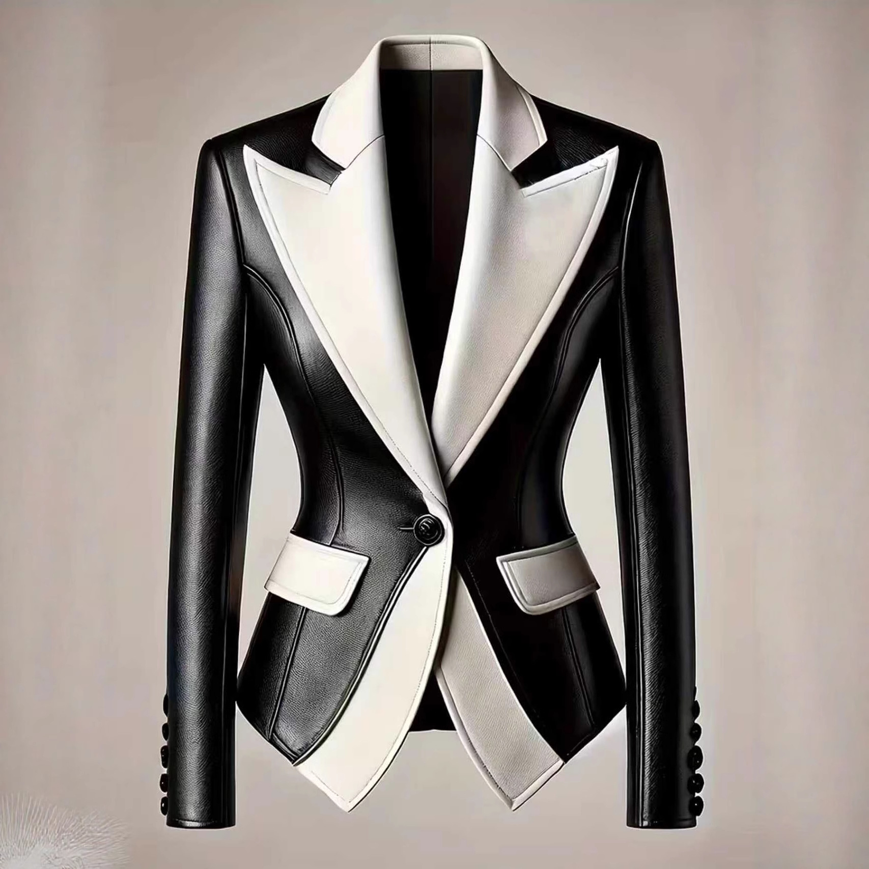2025 European and American Independent Fashion Foreign Trade Suit, Color-Blocked Leather Jacket, Black and White Contrast Multi-Pocket Leather Jacket, Performance Suit