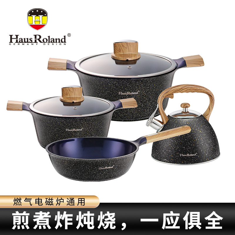 Olla antiadherente, olla de aluminio, olla de hervidor, juego de sartén, juego de 7 piezas, utensilios de cocina de exportación para el hogar, combinación de olla de sopa, sartén de gas transfronteriza