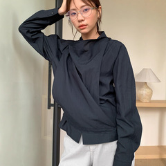 广州十三行2025秋韩系层次设计天丝修身荡领小众长袖衬衫女02753