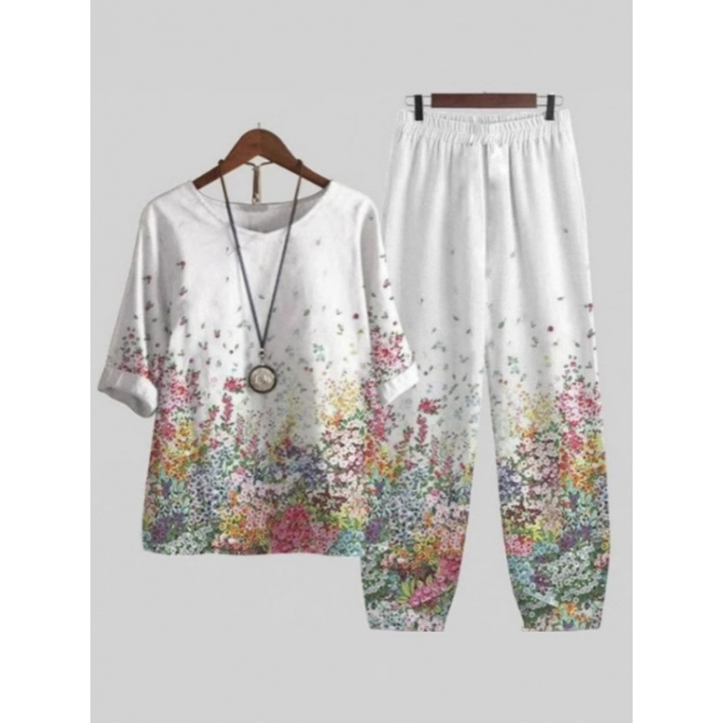 Europa y Estados Unidos trajes casuales de mujer transfronterizos de moda explosiva verano nuevo cinco mangas impresión chaqueta pantalones dos piezas