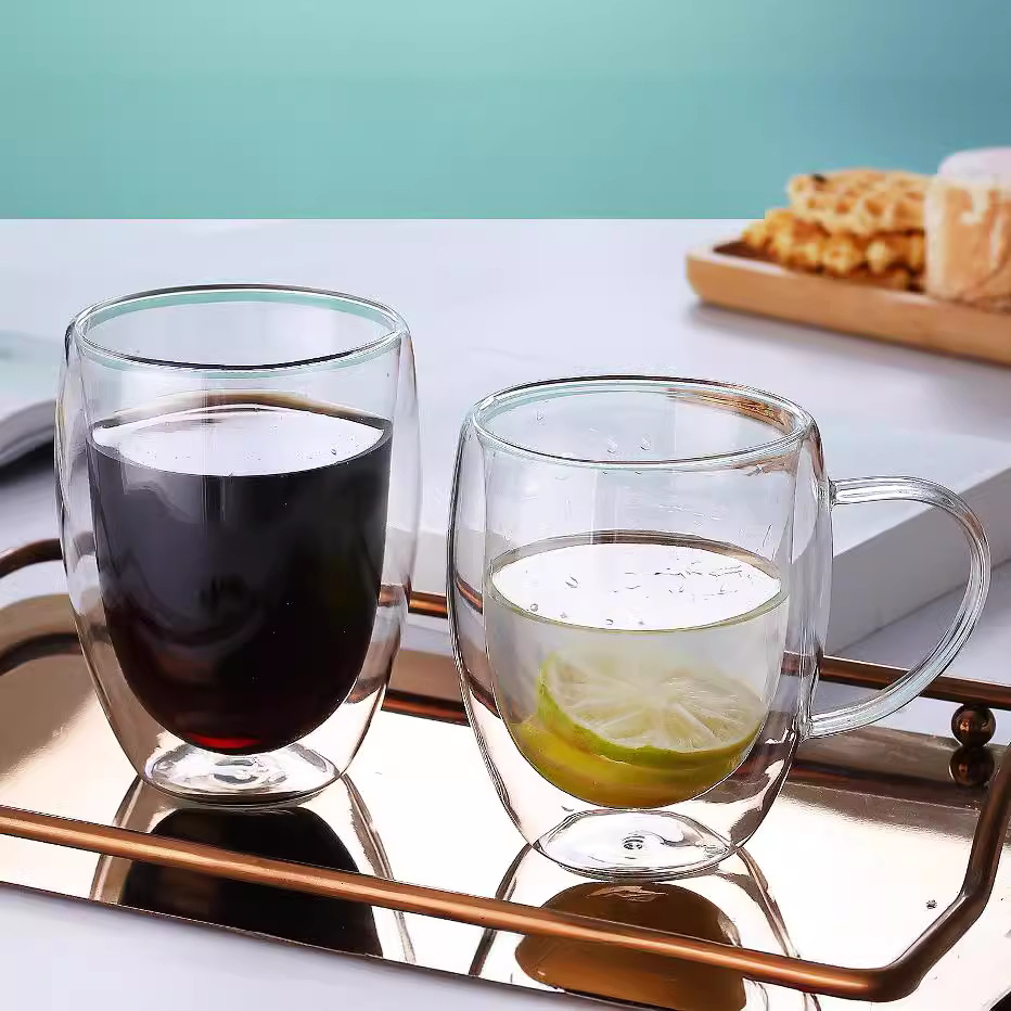 Taza de té aislada transparente en forma de huevo redonda Taza de café de leche de jugo doméstico resistente al calor de borosilicato de vidrio de doble capa