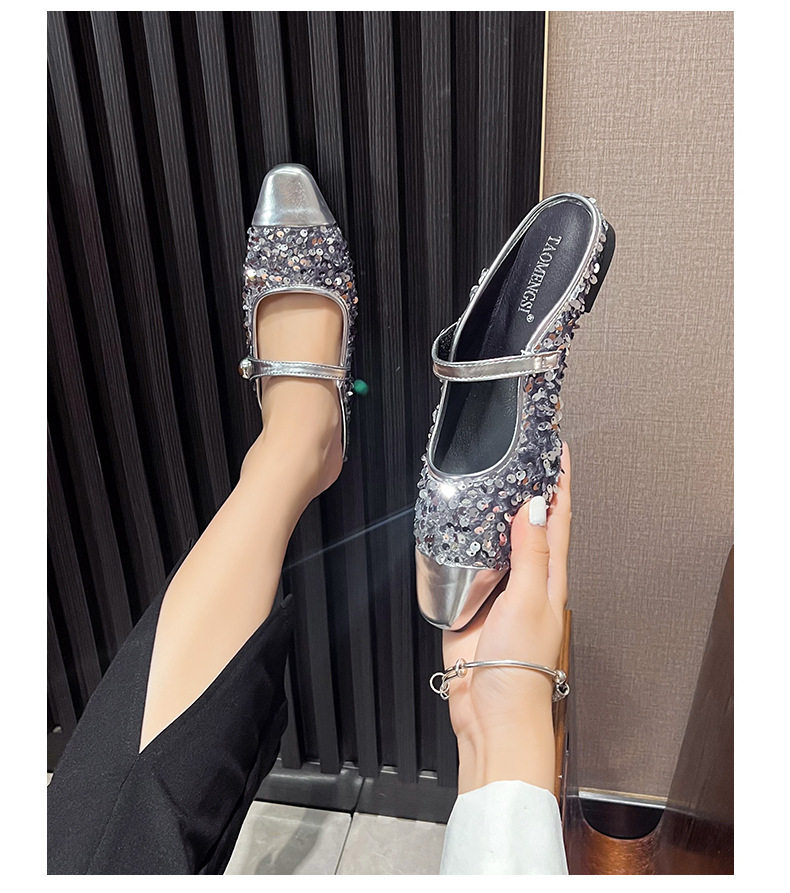 Dép mule sandal nữ bít mũi vuông quai ngang đính sequin lấp lánh, gót thấp 1–3 cm — Màu bạc, Màu đen chi tiết 35