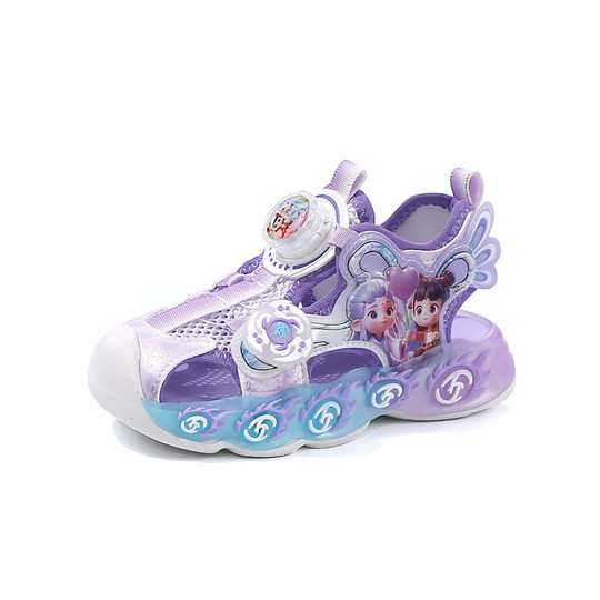 Lamp-Illuminated Nezha Ao Bing Girls' Closed-Toe Sandals, New Summer Children's Hollow Mesh Sports Beach Shoes for Older Children