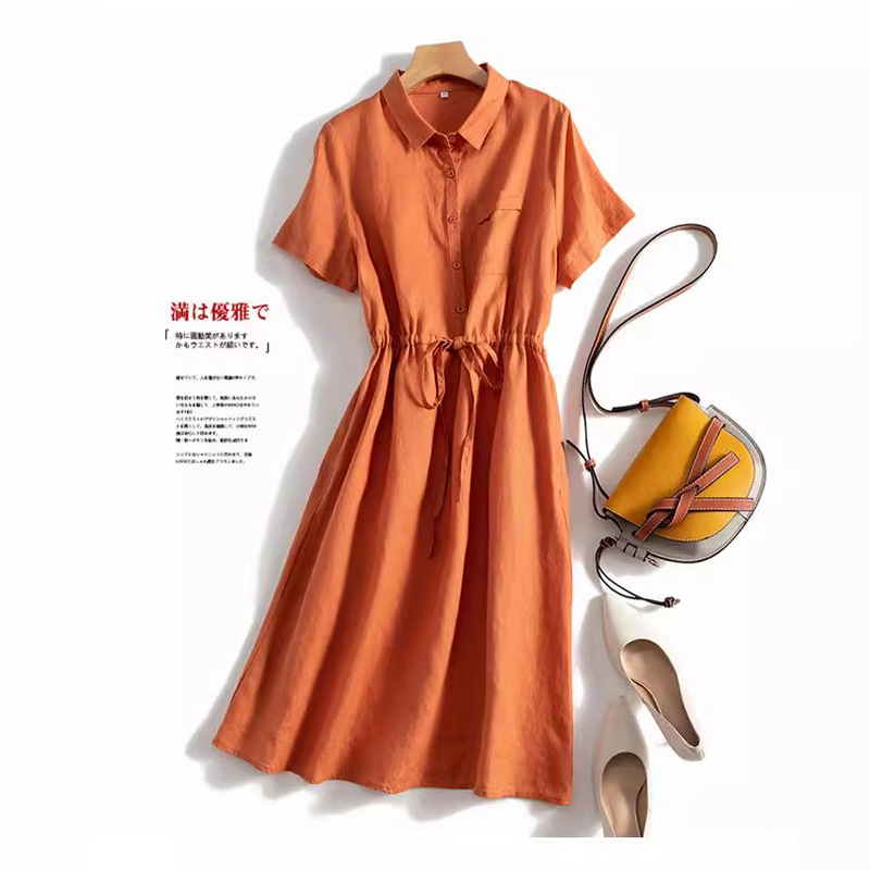 Foreign trade export single guest supply pure linen simple temperament commuter collar straight tube comfortable short sleeve shirt dress