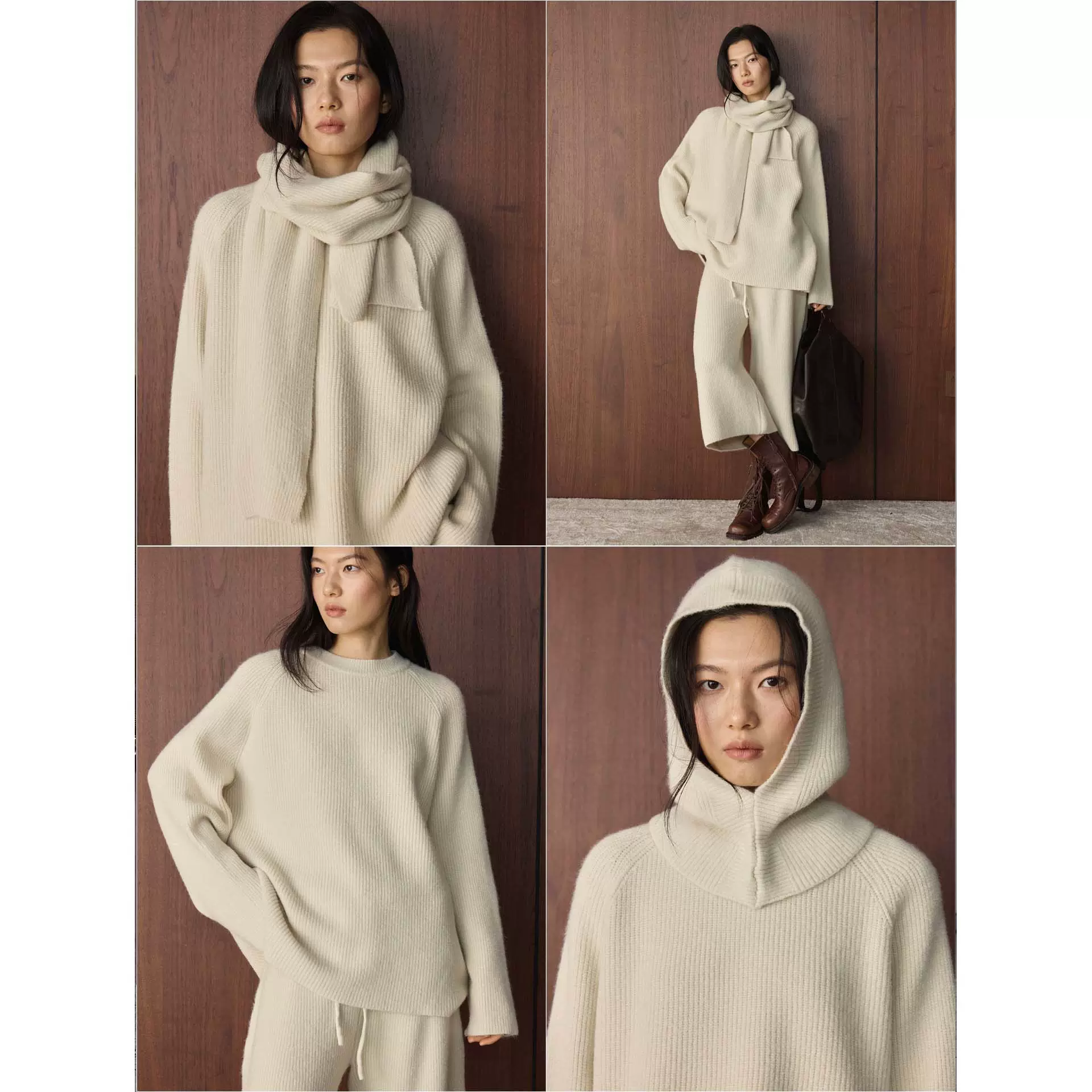 卢浮冬季新款韩系慵懒针织毛衣围巾帽子长裤四件套亲肤休闲套装女