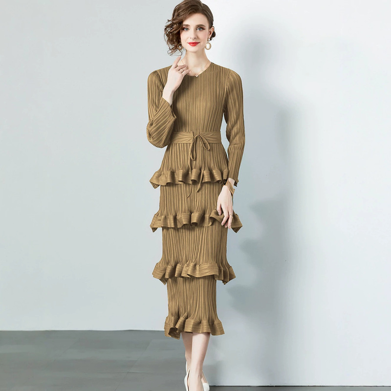 Miyake Foreign Trade mm high-end light luxury niche ruffle pleated cake dress, finely pleated slim-fit long dress