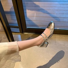 羊皮版2025新款真皮法式粗高跟银色玛丽珍鞋女复古浅口单鞋小皮鞋