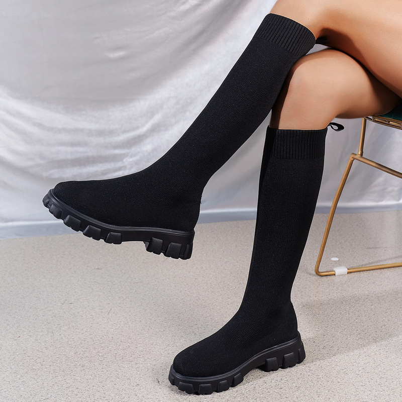 Autumn and Winter New European and American Fashion Large Size Women's Boots Mid-Calf Elastic Fly-Knit Sock Boots Platform Thick-Soled Ready-Made Boots Autumn and Winter New European and American Fashion Large Size Women's Boots Mid-Calf Elastic Fly-Knit Sock Boots Platform Thick-Soled Ready-Made Boots