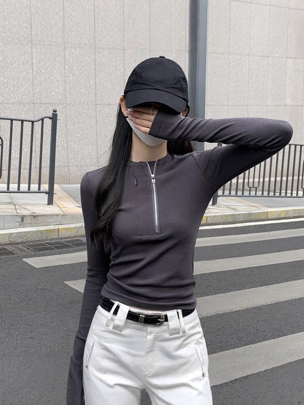 设计感半拉链正肩长袖t恤女2025秋季辣妹紧身内搭打底衫短款上衣|undefined