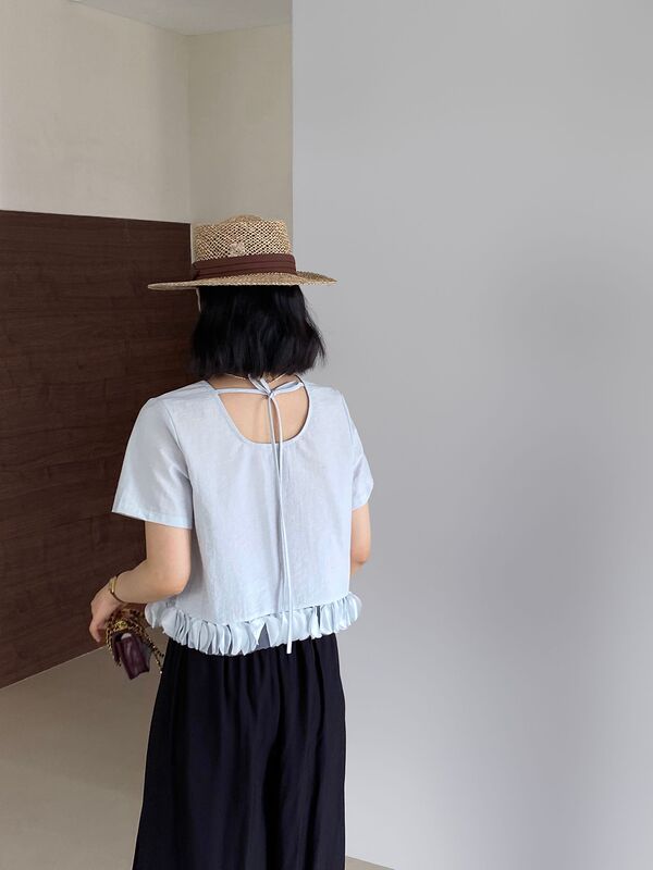 【福祉品返品不可】Jiangzuo ブルー 半袖 Tシャツ フリル裾パッチワーク ショートトップ レディース 6257|undefined