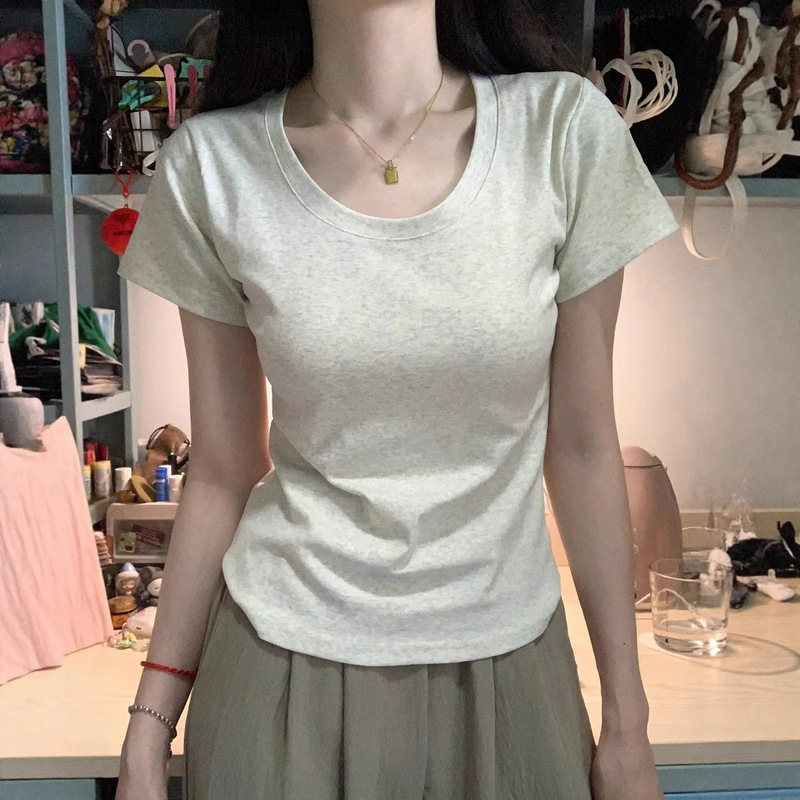 Cross-Border Cream Yellow Design Right Shoulder Pure Cotton U-Neck Short-Sleeved T-Shirt for Women Summer Sexy Short Slim Waist Top