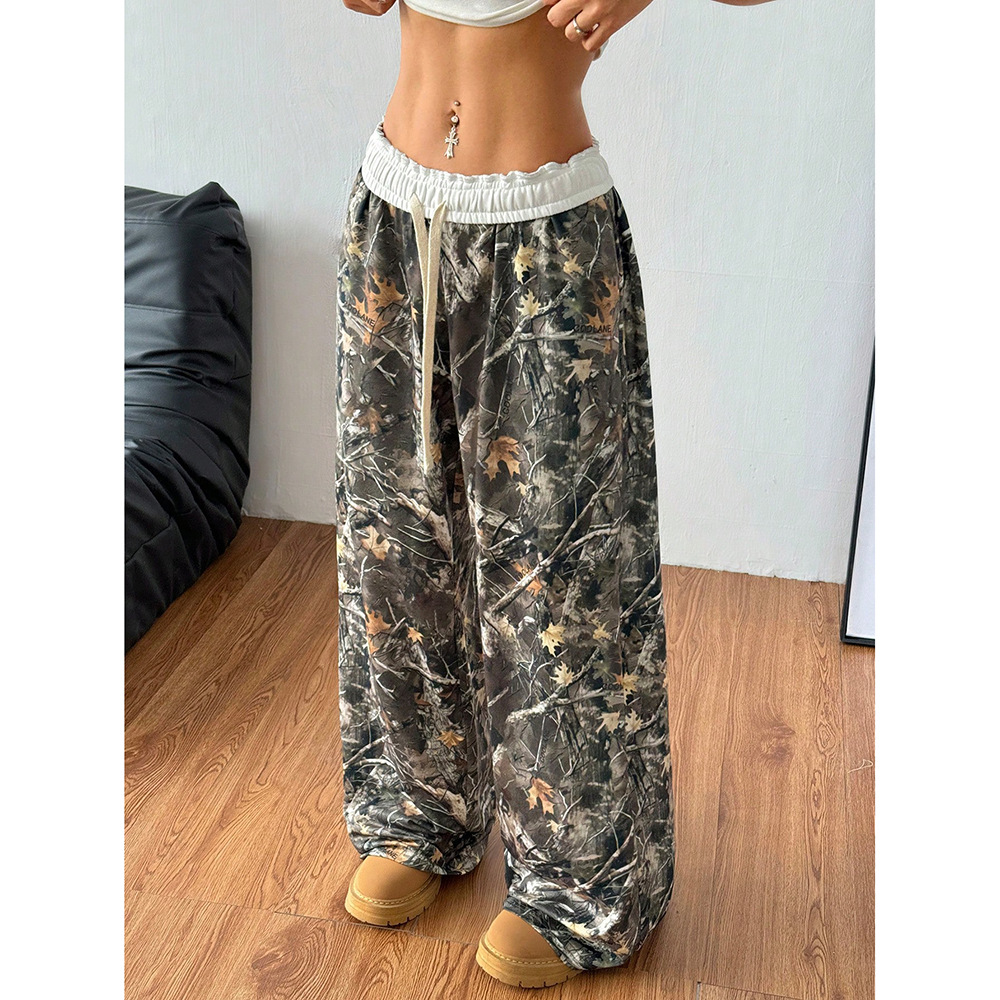 Cross-border 2024 Fashion Youth Casual Pants Women's Elastic Waist Camouflage Printed Slim Look Wide Leg Long Pants