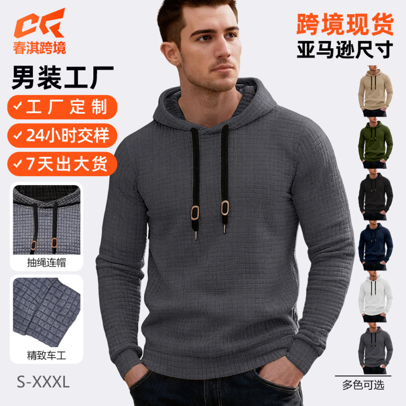 Cross-Border European Size Amazon Spring and Autumn Casual Long-Sleeve Hooded Sweatshirt with Drawstring, Patchwork Jacquard, Small Checkered Pattern, Men's Sweatshirt