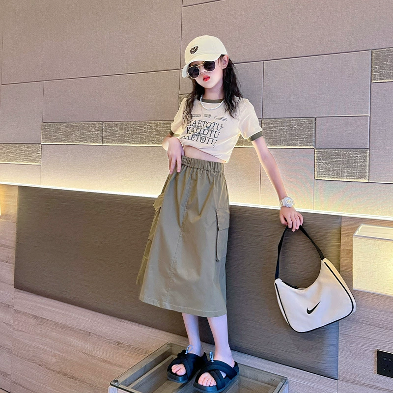 Летний костюм для девочек, юбка и топ, универсальный, с круглым вырезом, модный, высококачественный, повседневный, двухпредметный комплект