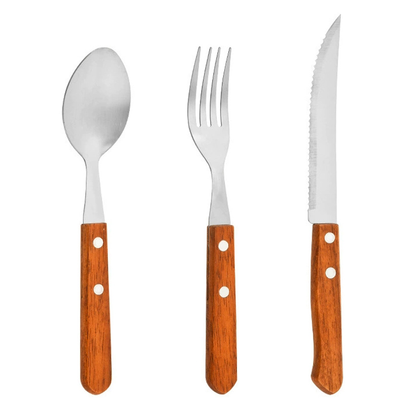 Set de tres piezas con mango de madera marrón (cuchara grande + cuchillo de filete + tenedor)