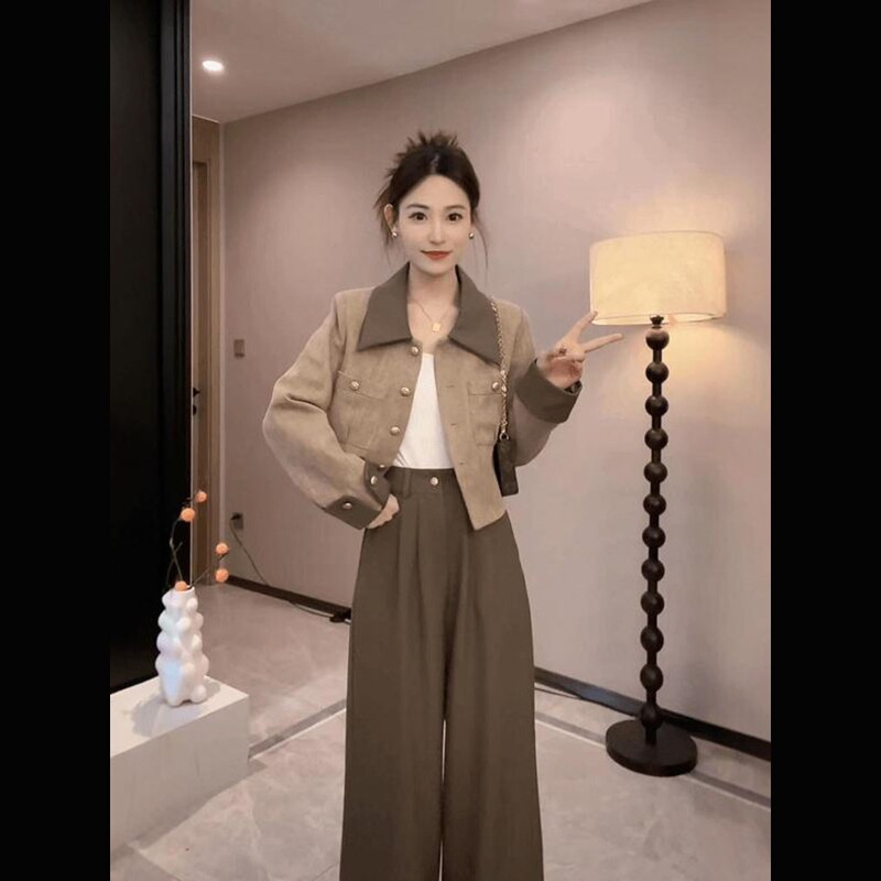 流行洋气套装女2025秋季新款小香风外套高腰直筒阔腿裤子两件套潮|undefined