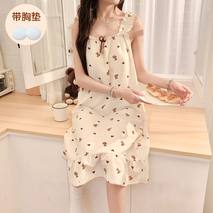 2024 pijama de verano burbuja arrugado ancho cinturón pijama para mujeres cojín de pecho fresco in viento estudiante ropa de hogar