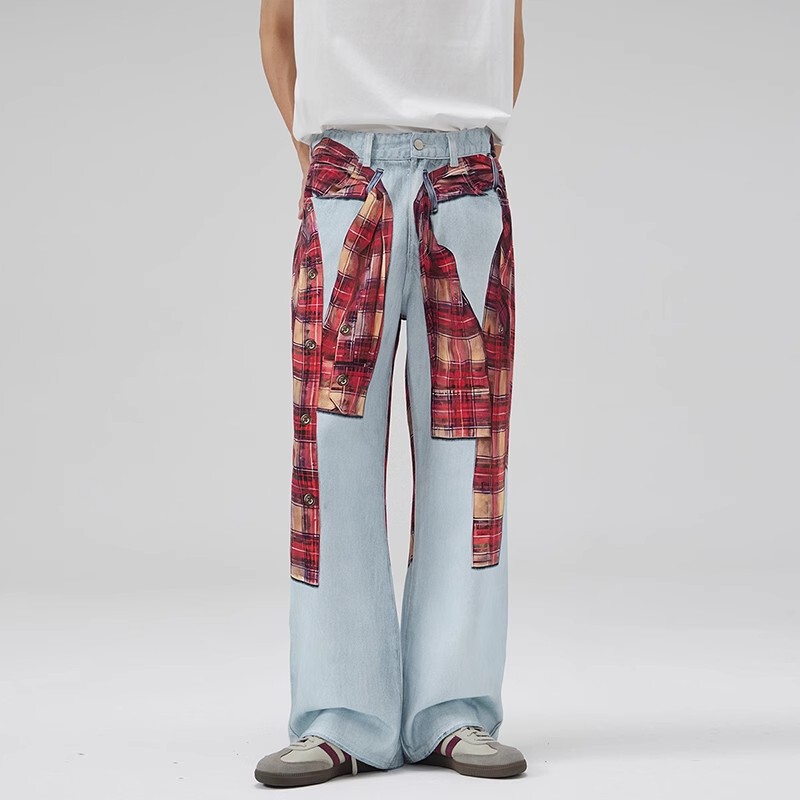 2025 European and American Street Handsome Straight Jeans Men's 3D Digital Printing Plaid Shirt Cargo Pants