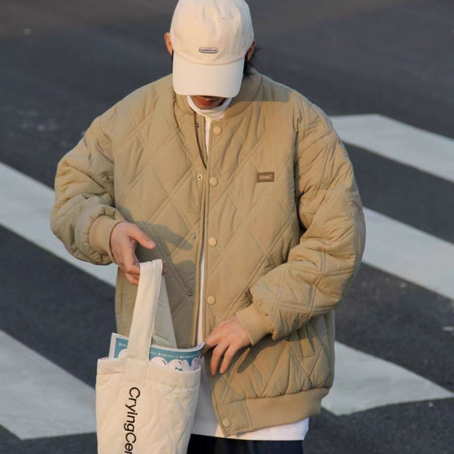 春秋季新款ins潮牌菱形格棉衣男日系复古棒球服情侣百搭棉服外套