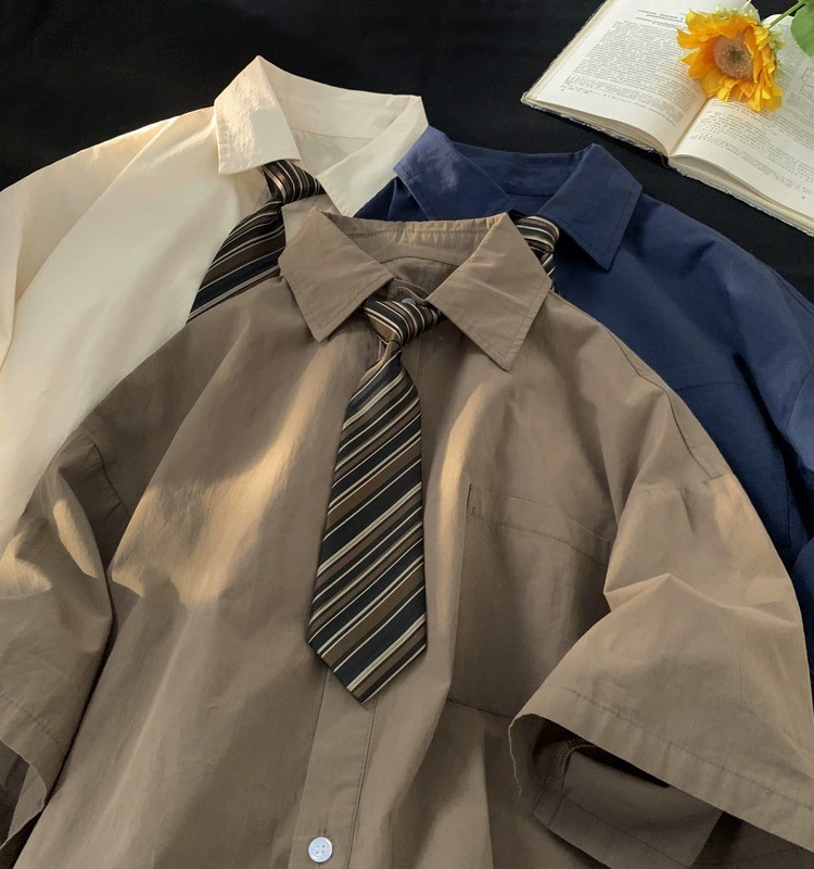 Brown Japanese shirt, uniform, with short sleeve, oversize