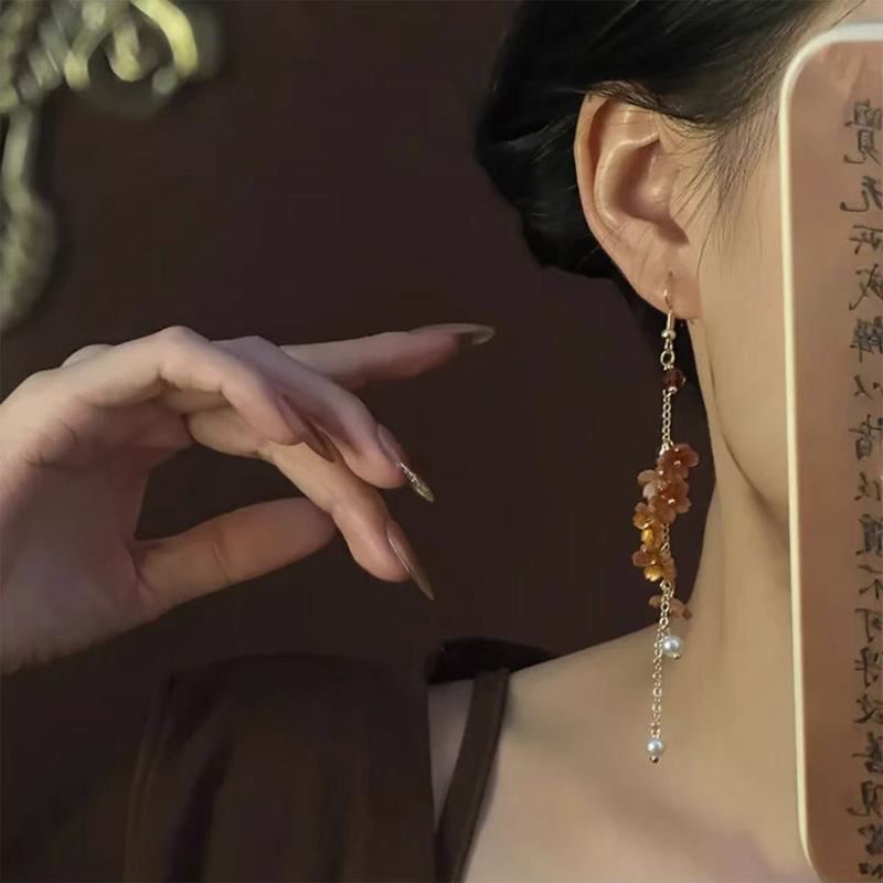 桐月摇梦~秋冬美拉德花朵流苏耳钉女高级感2025新款独特耳环耳饰|undefined