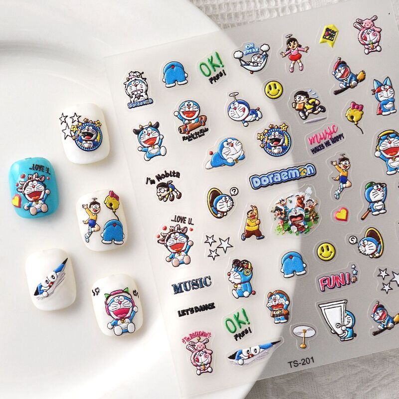 Popular Doraemon Nail Stickers, Blue Chubby 3D Relief Cute Cartoon Cat Waterproof Ins Decorative Stickers