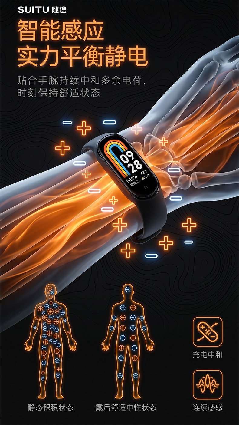 Smart anti-static wristband with negative ions for static electricity removal, designed for use when opening car doors, and also functions as a fitness tracker for men and women