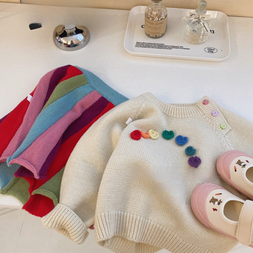 Korean Version 2024 Autumn/Winter New Girls' Stylish Solid Color Knit Top Children's Versatile Top Baby Sweater Jacket