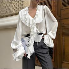 春夏季新款跨境欧美女装气质优雅雪纺V领长袖荷叶边宽松衬衫女
